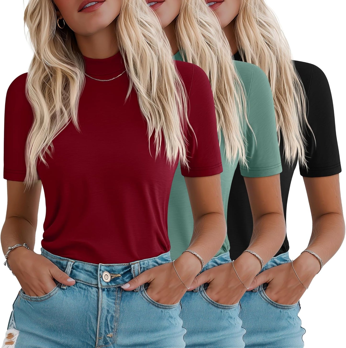 Ficerd Women's 1/2 Sleeve Mock Turtleneck Shirts - 3 Pack