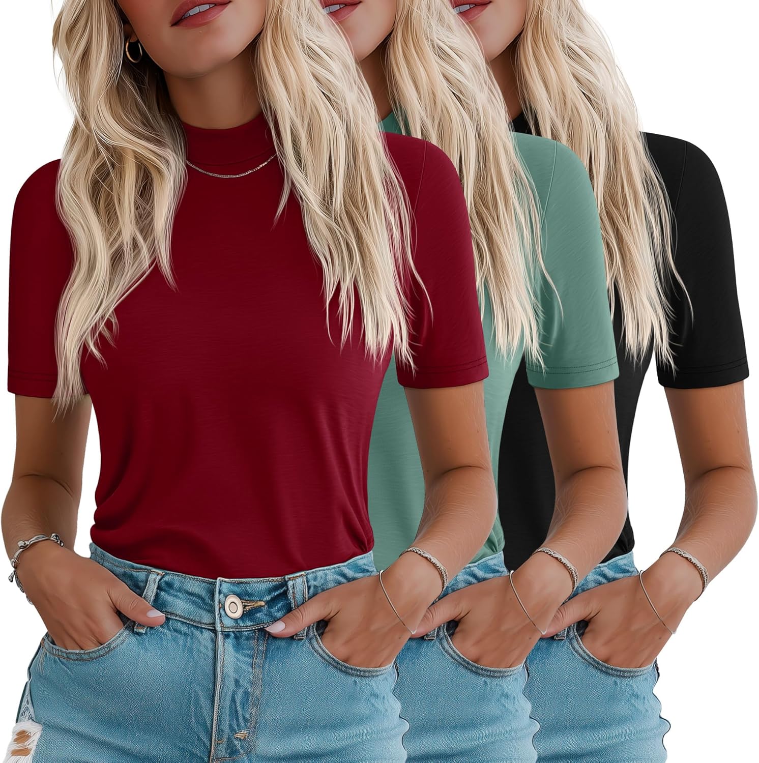 Ficerd 3 Pack Women's Mock Turtleneck Shirts for Summer Style