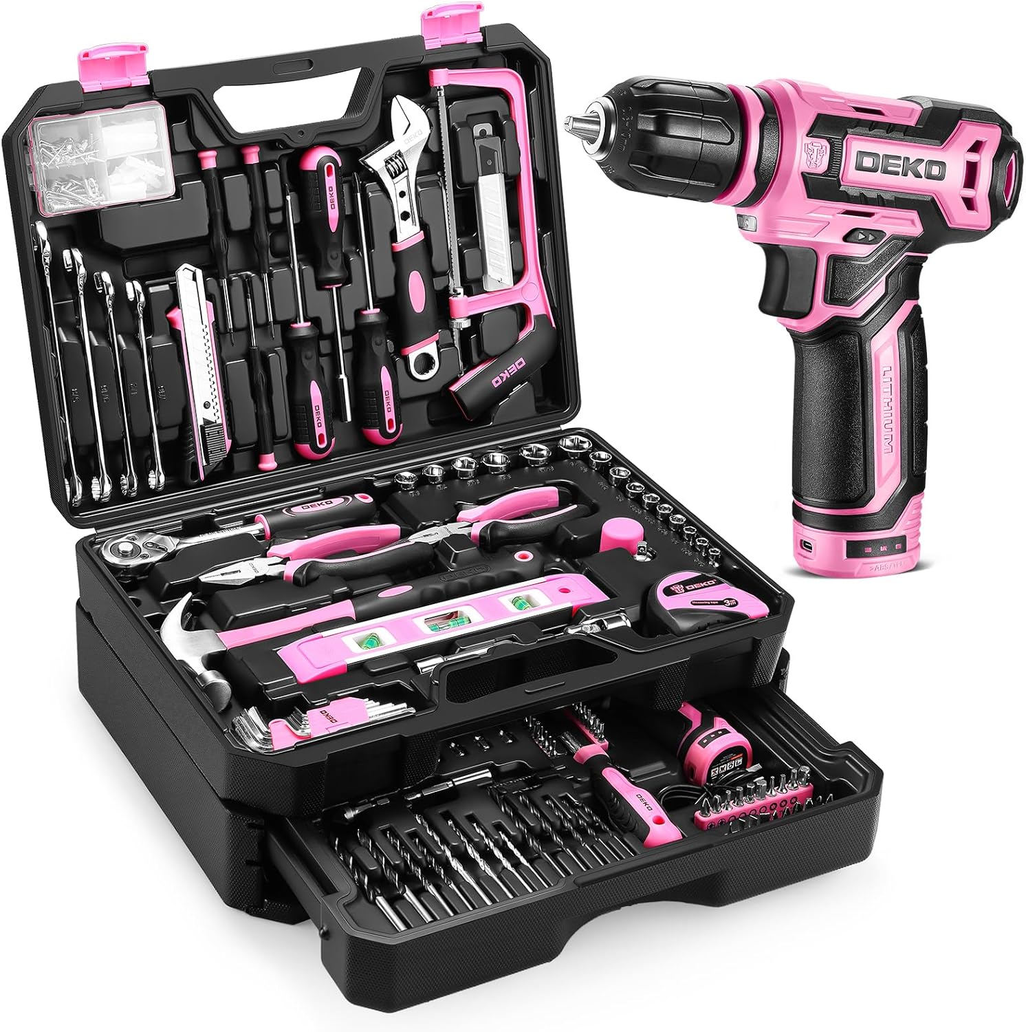 DEKOPRO Pink Tool Kit Box Set: Power Drill Combo for DIY Enthusiasts