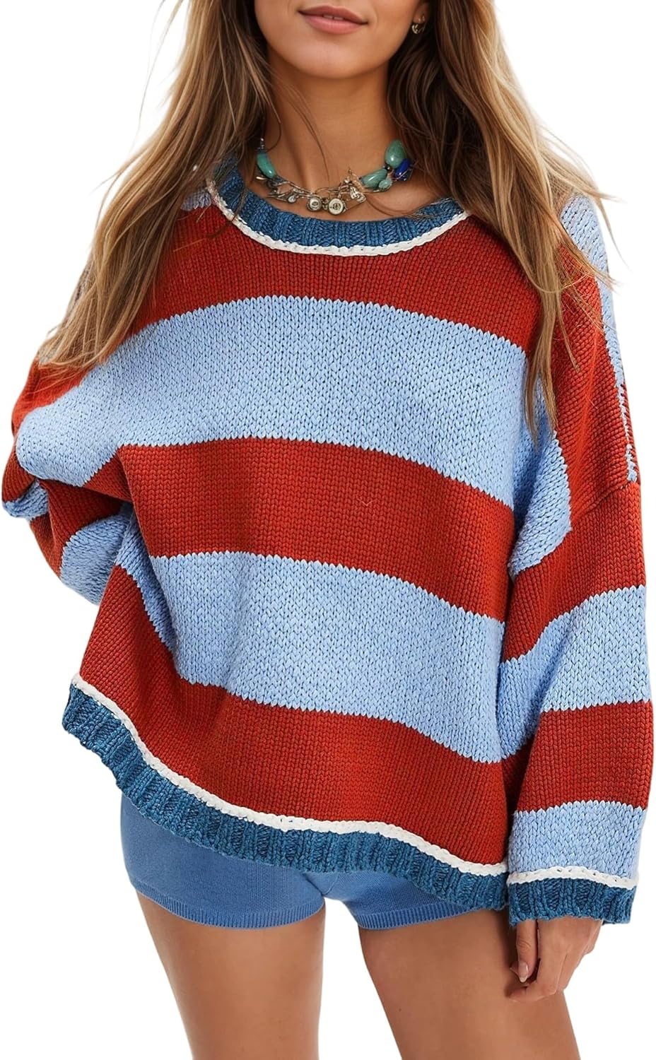 Women's Chunky Knit Striped Sweater for Casual Fall Style