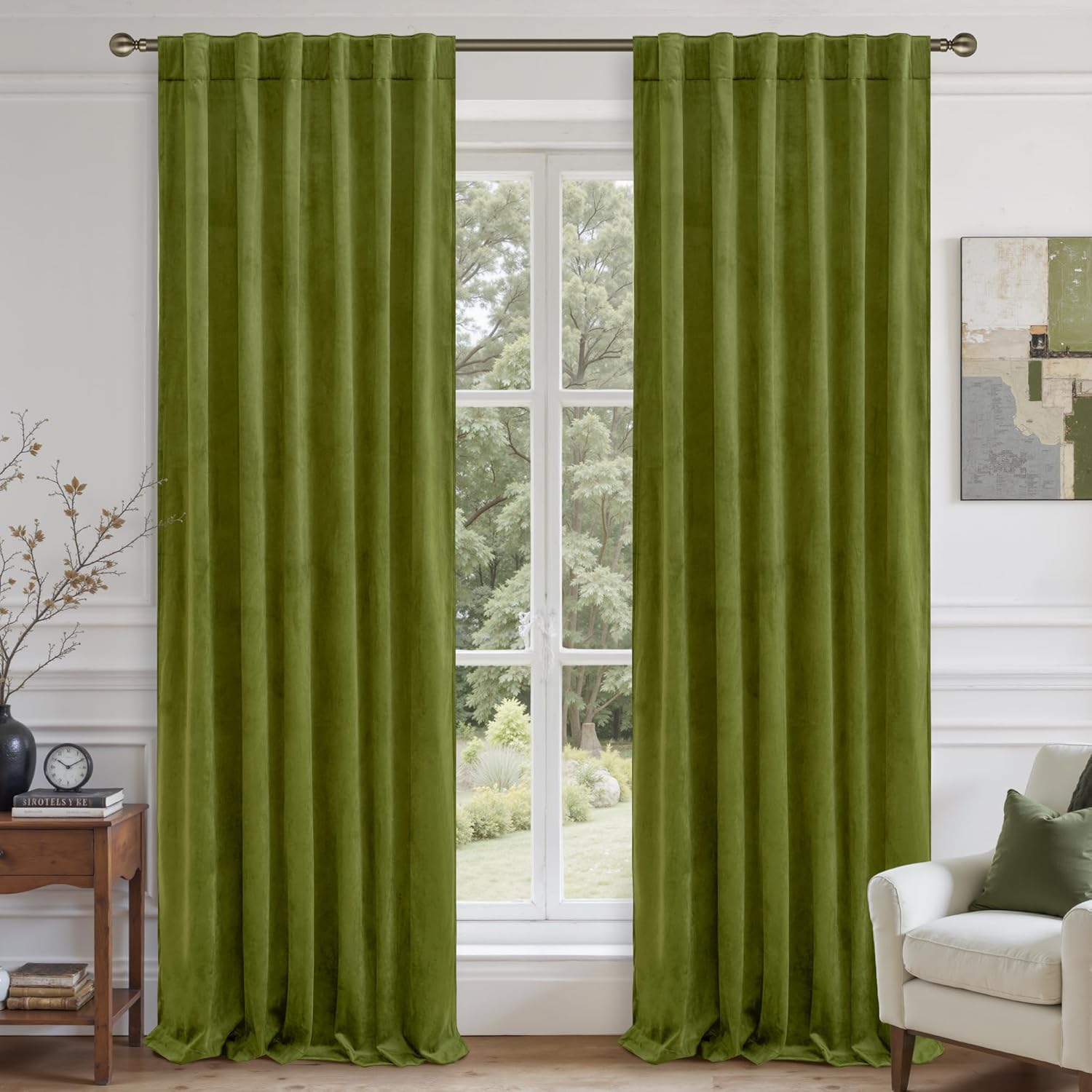 Moss Green Velvet Curtains for Living Room - 102 Inch Length