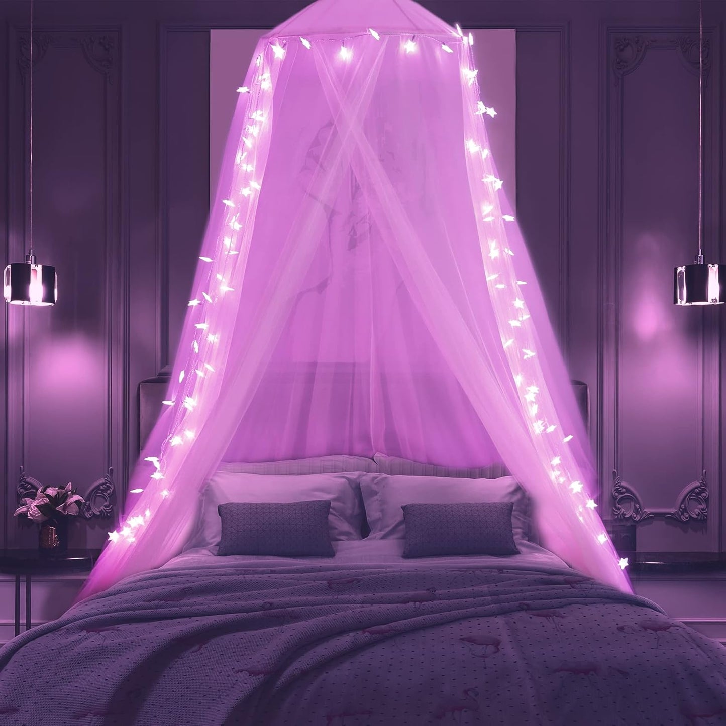 Pink Bed Canopy with 100 LED Star Lights for Dreamy Nights