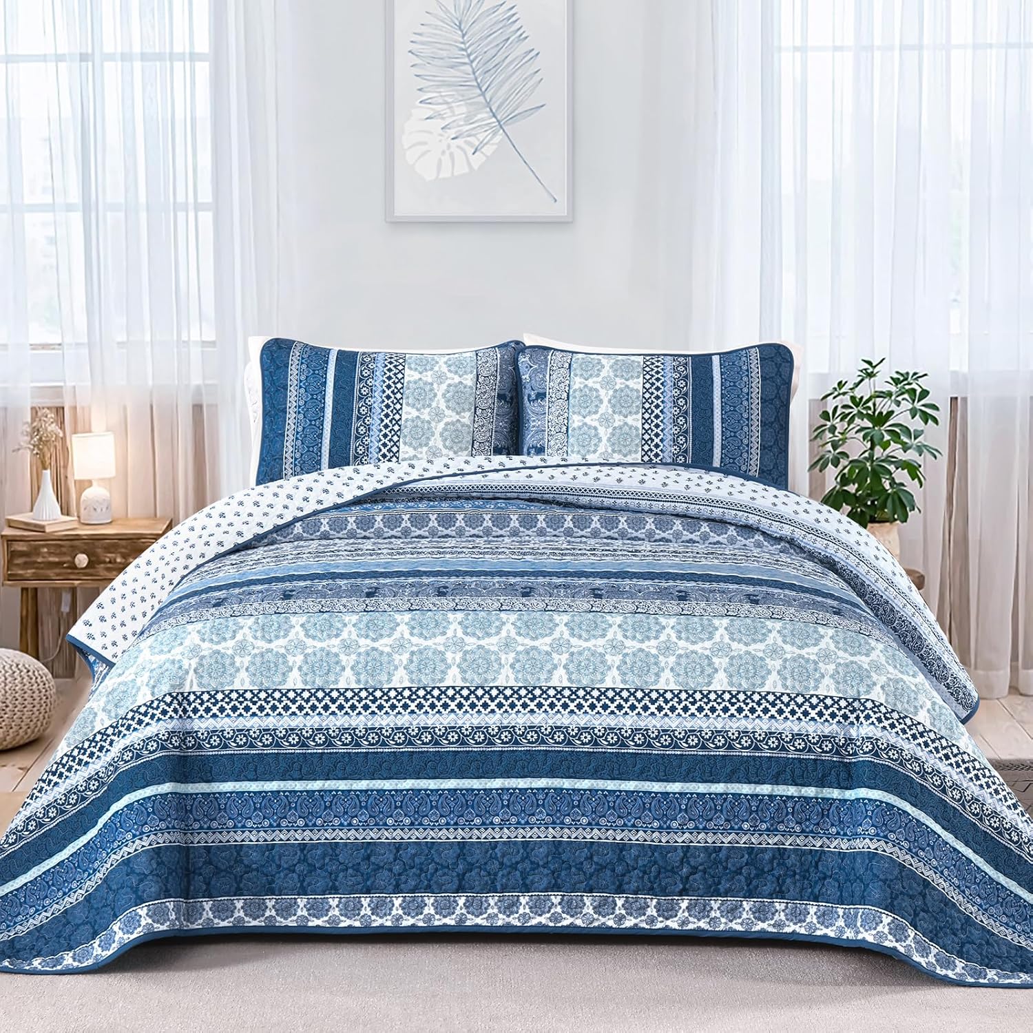 Navy Blue Boho Quilt Set Queen Size for All Season Comfort
