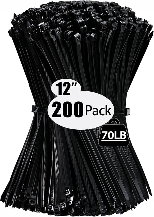 200 Pack 12 Self-Locking Zip Ties - 70lb Tensile Strength - UV Resistant - Indoor/Outdoor - Colaolge