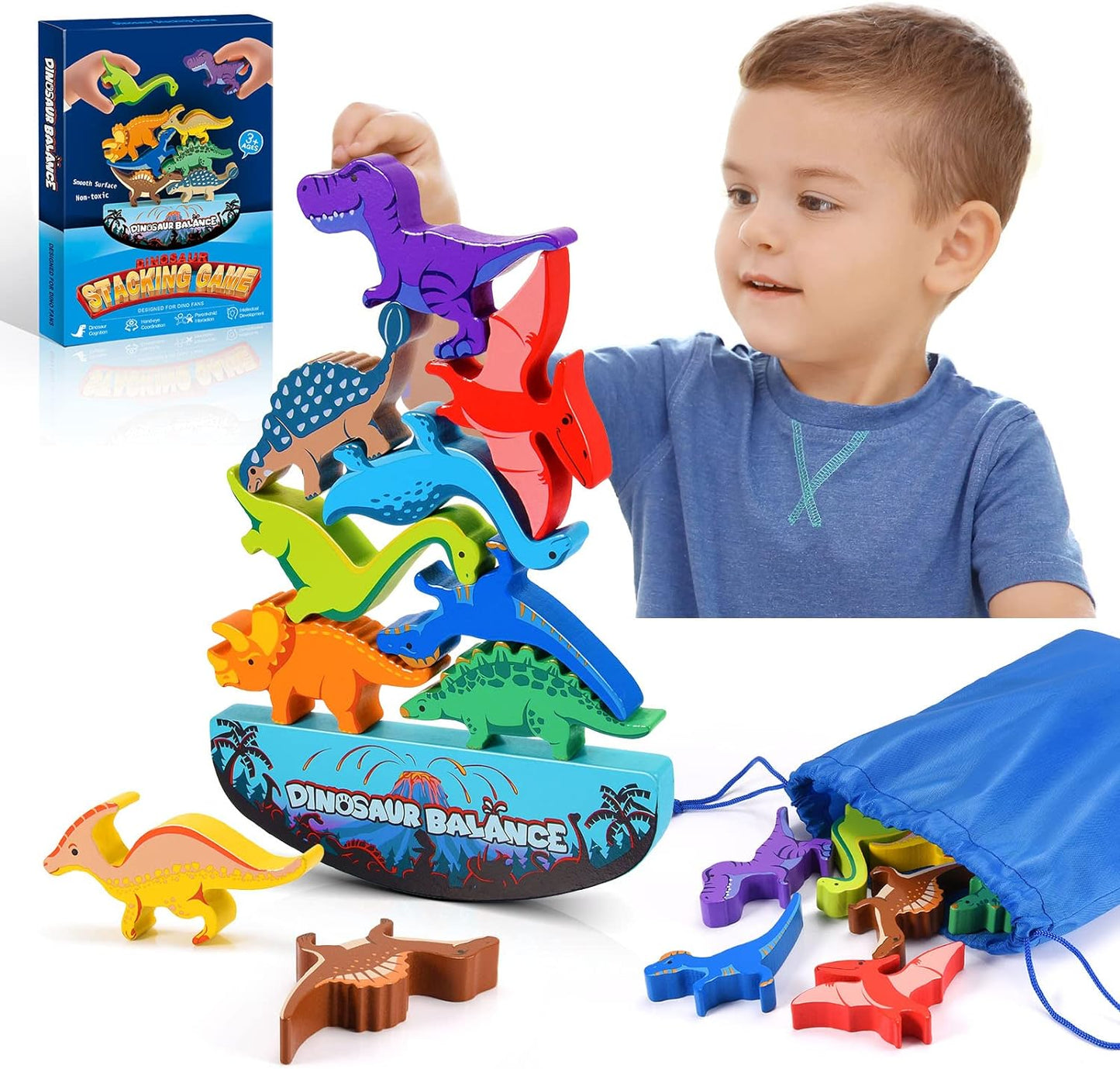 Wooden Dinosaur Stacking Game for Kids: Fun Family Balance Competition