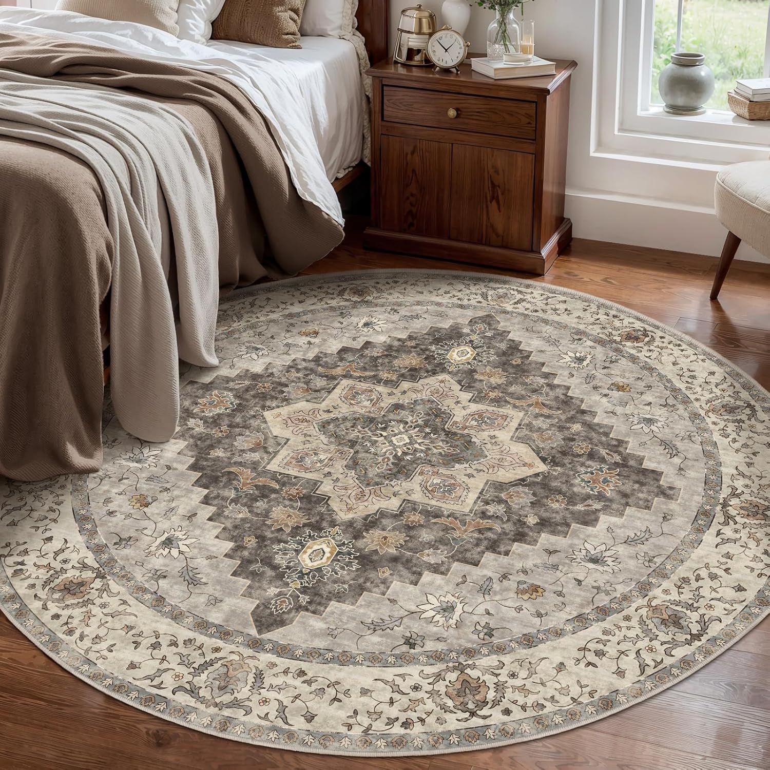 Tangsoo Vintage Round Rug 5ft - Non Slip Boho Area Rug