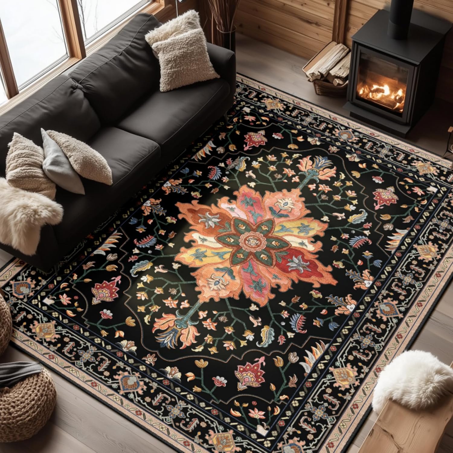 Washable Non-Slip Area Rugs 6ftx9ft Floral Vintage Medallion