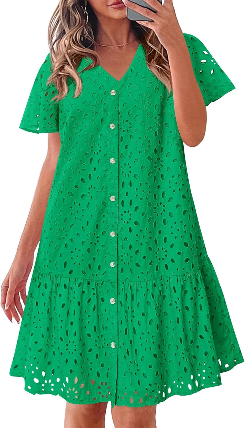 KIRUNDO Summer Dresses for Women 2025 Eyelet Button Down V Neck