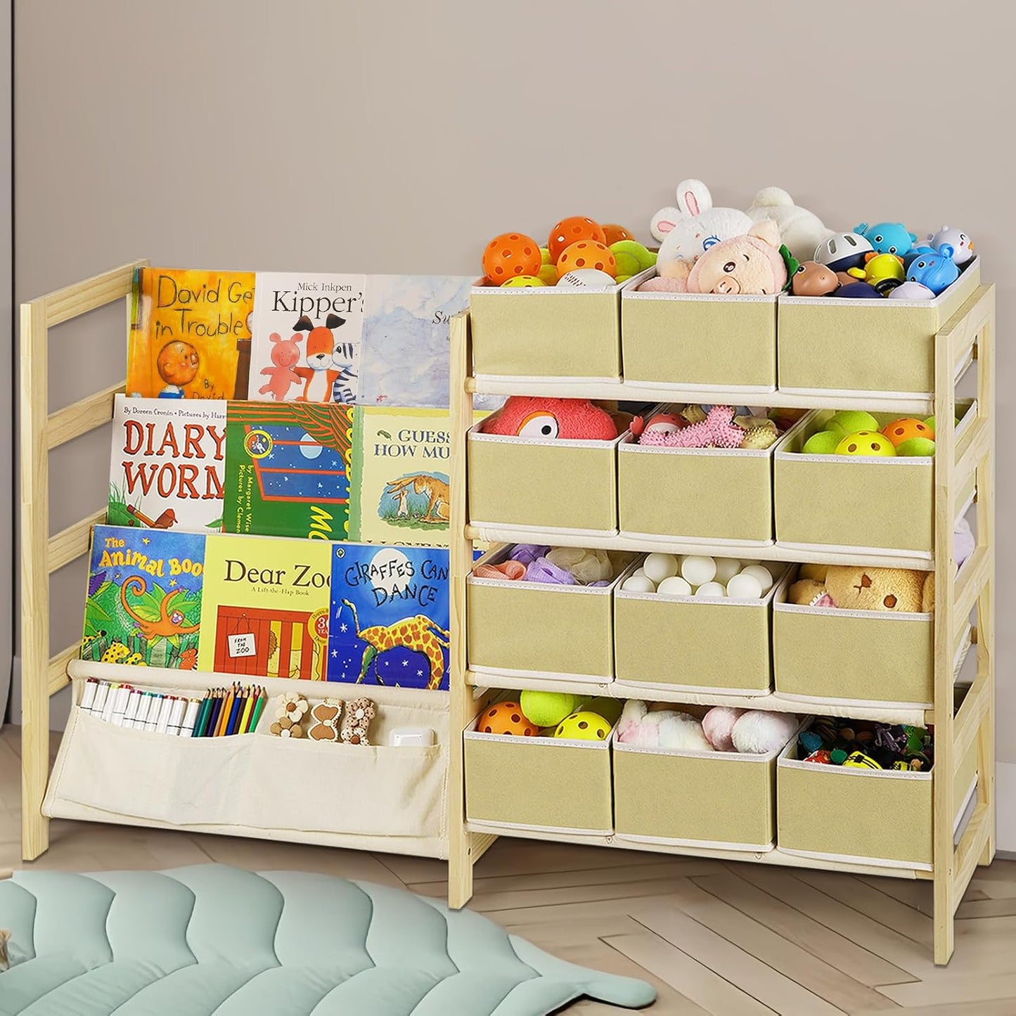 Toy Organizer with Bookshelf: Solid Wood 4-Tier Storage Solution