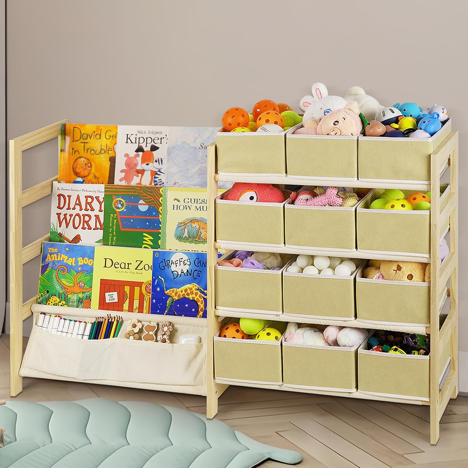 Toy Organizer with Bookshelf: Solid Wood 4-Tier Storage Solution