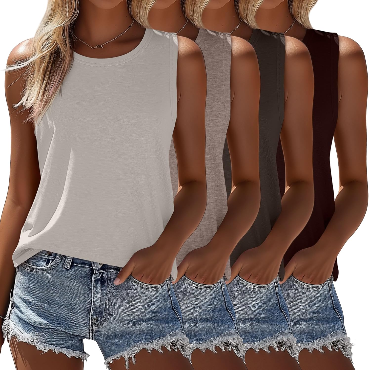 Ficerd Women's Sleeveless Tops 4 Pack Casual Summer Tunic Tees