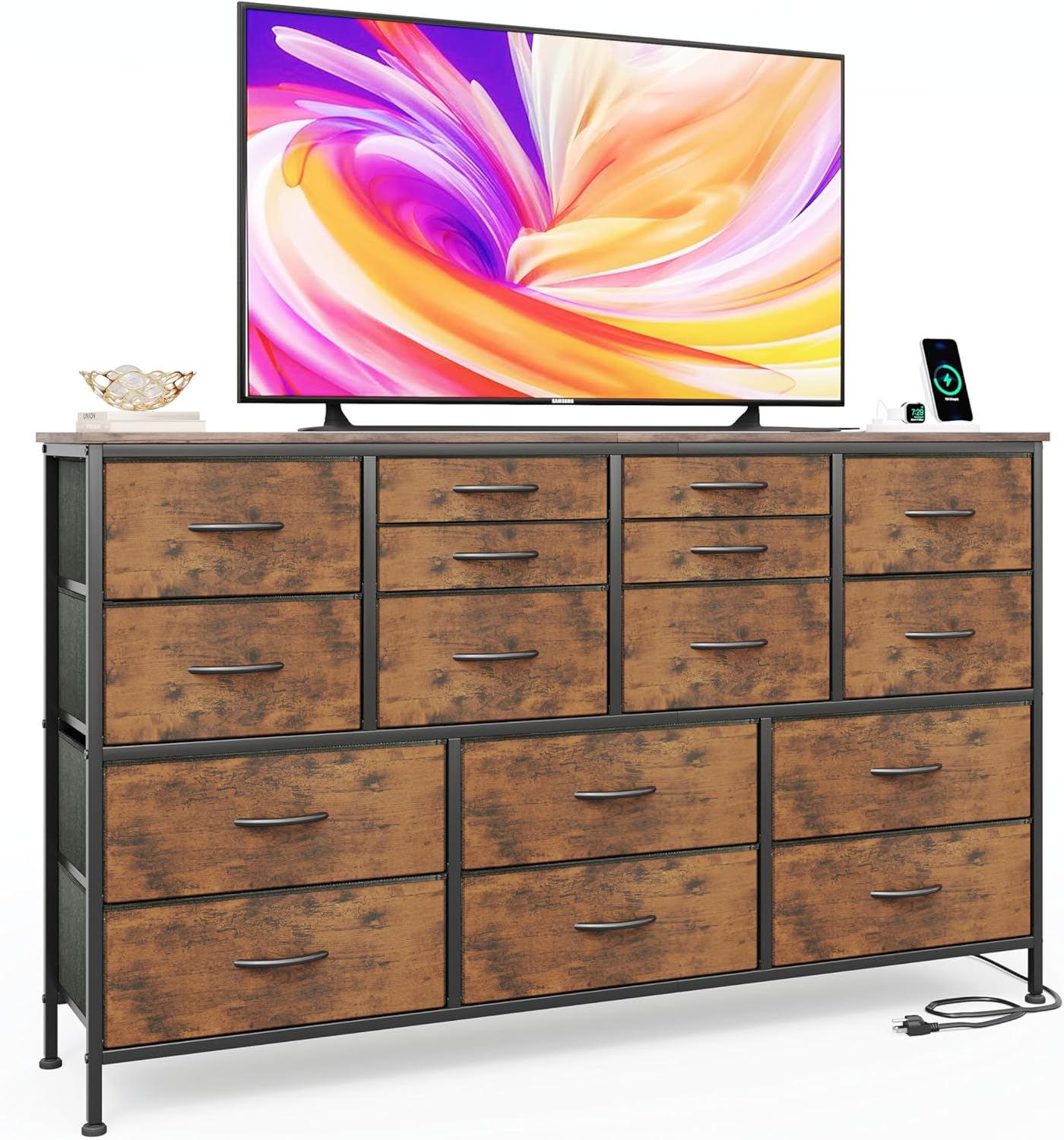 Mexin 60 Dresser TV Stand: 16 Drawers & Power Outlet for Ultimate Storage!