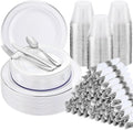 Silver Plastic Plates Set for 100 Guests - 700pc Disposable Dinnerware
