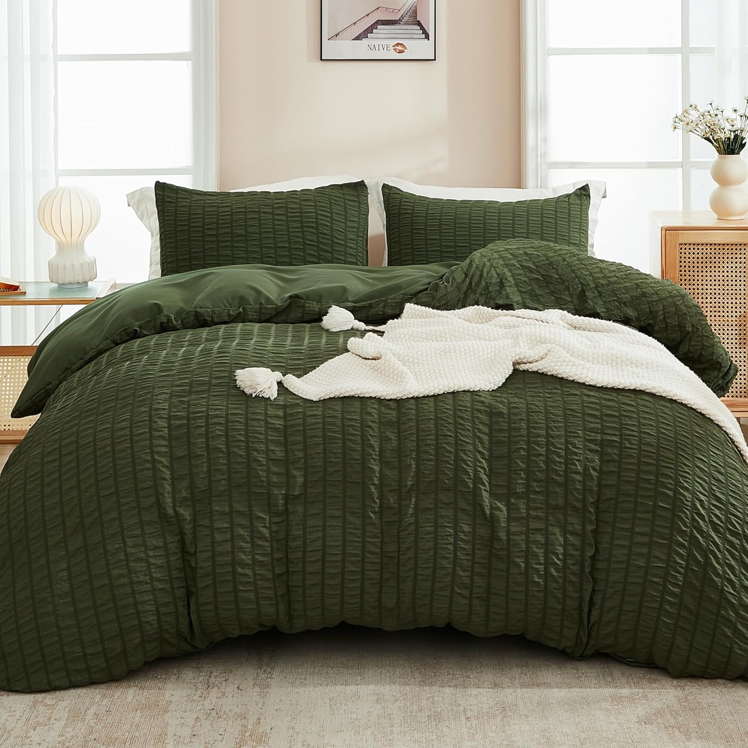 AveLom Dark Olive Green Seersucker Duvet Cover Set Queen Size