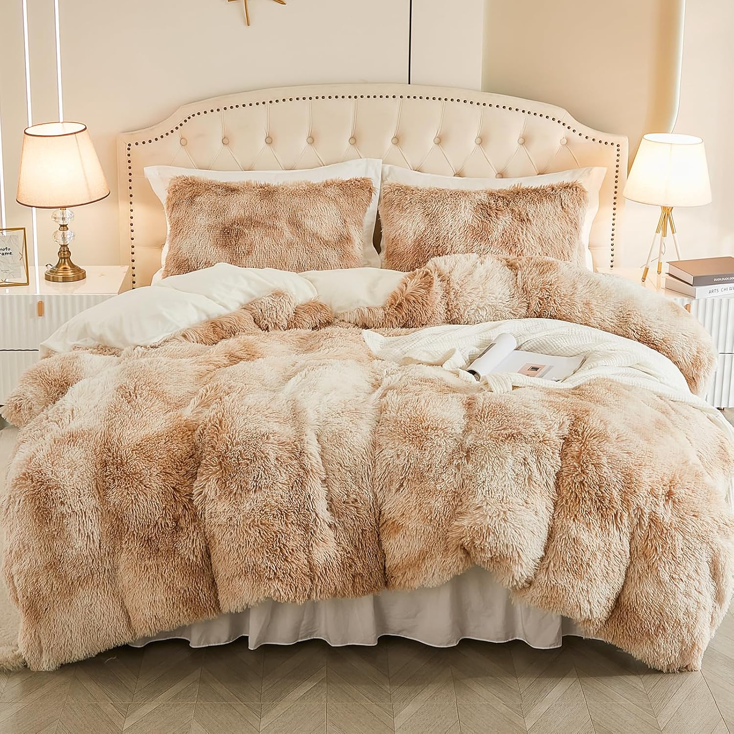 EMME Luxury Khaki Fuzzy Duvet Cover Set for Queen Size Beds