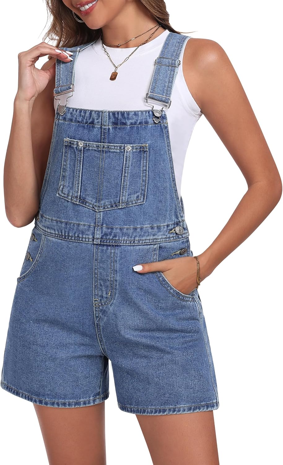 Denim Overall Shorts for Women Casual Adjustable Straps Bib