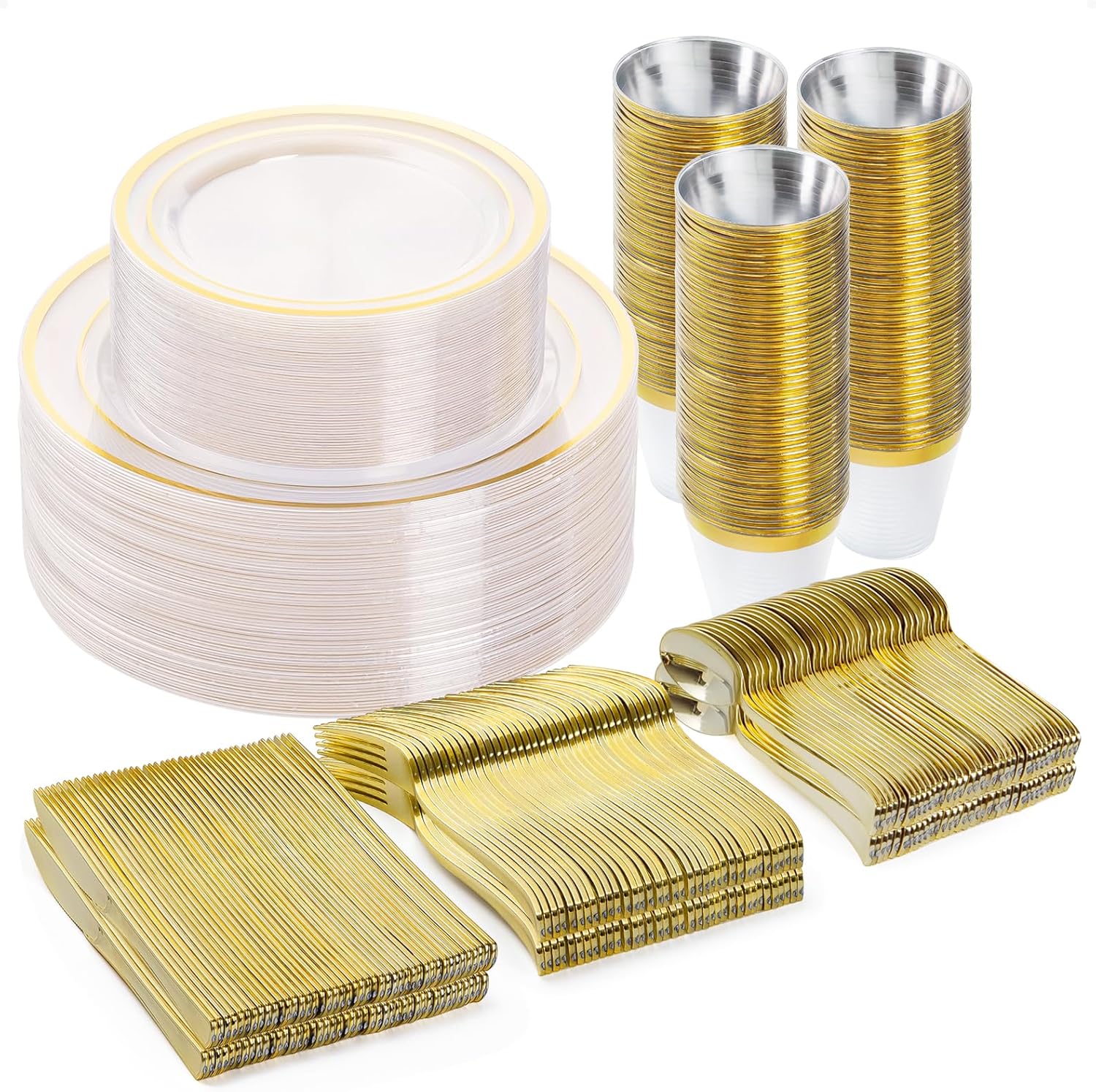 300PCS Plastic Dinnerware Set for 50 Guests, Clear Gold Plates