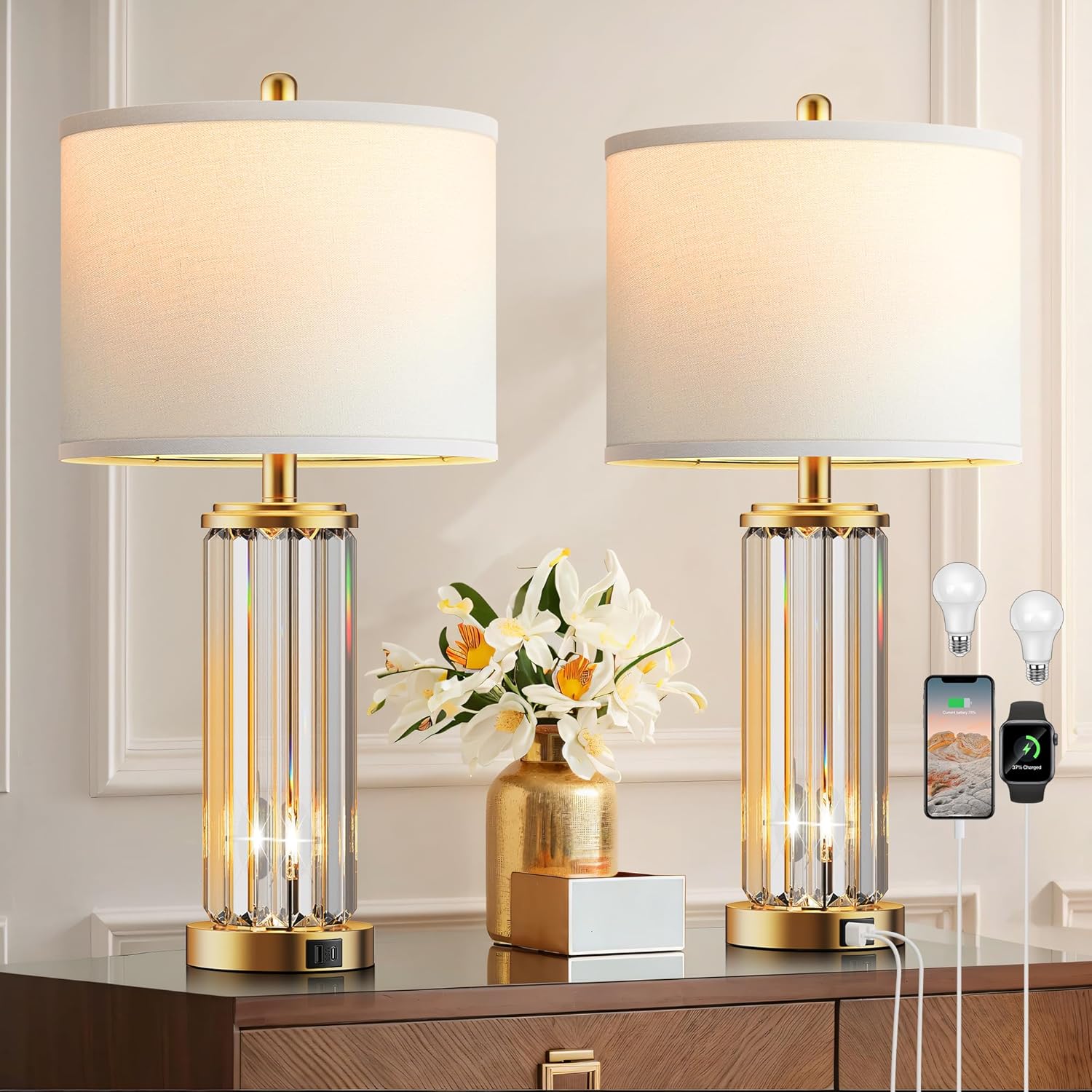 QiMH Gold Table Lamps for Bedroom Set of 2 with Nightlight