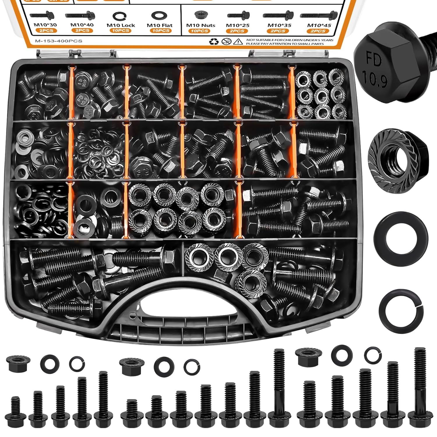 400PCS Metric Grade 10.9 Flange Bolts and Nuts Assortment Kit