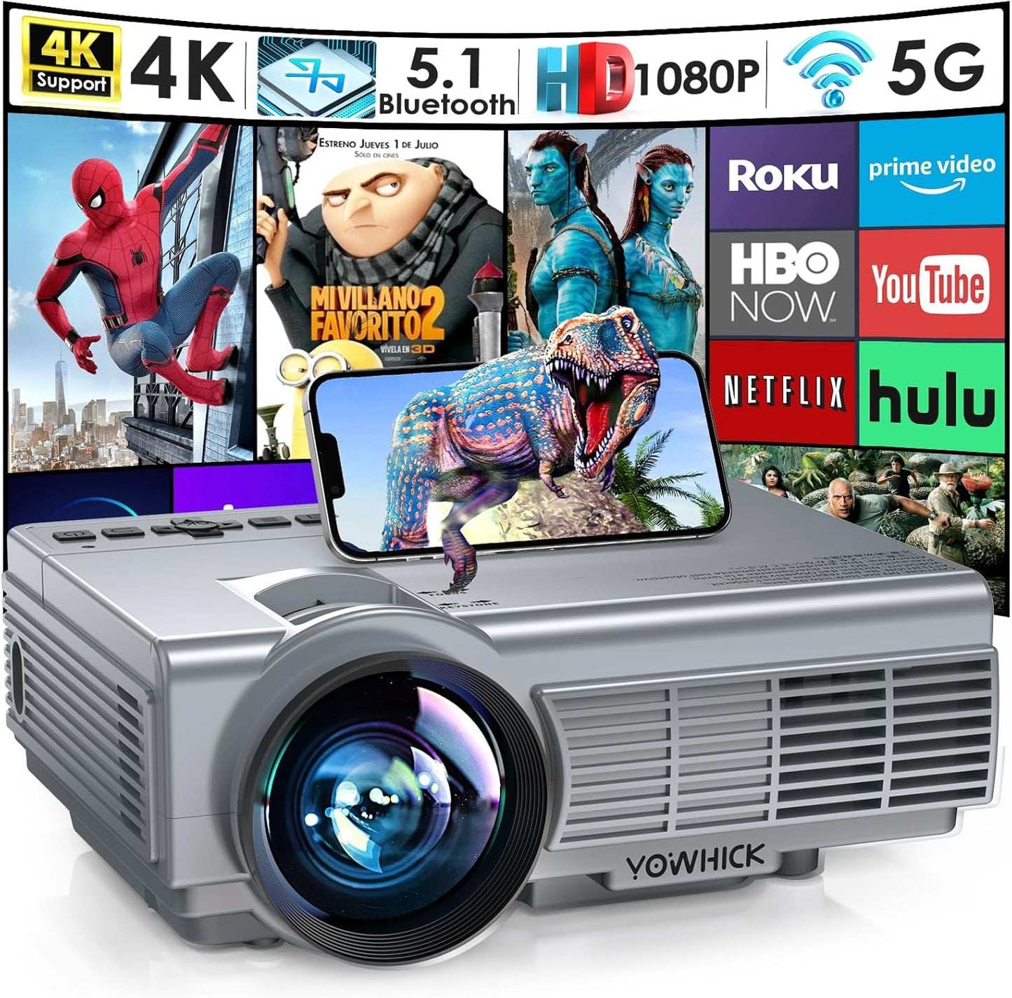 YOWHICK 5G WiFi Projector: Native 1080P, 4K Support