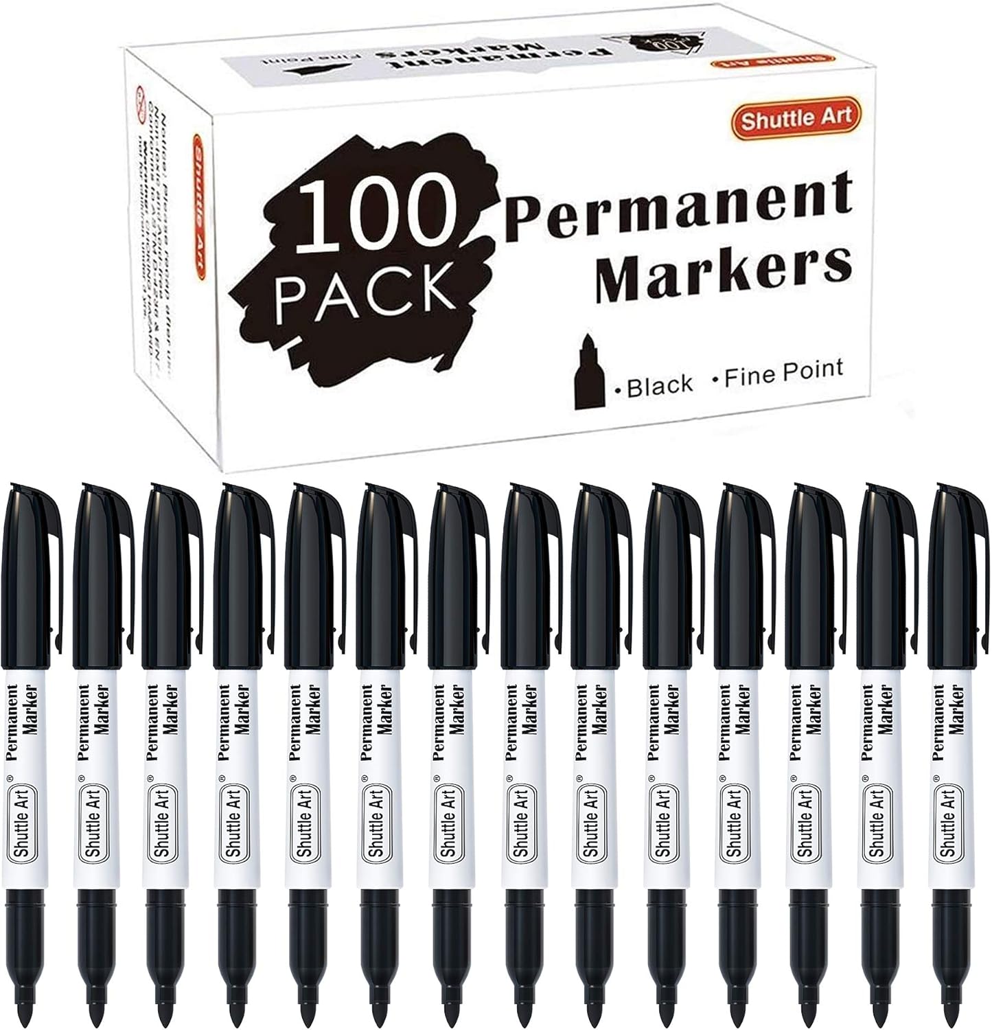Shuttle Art 100 Pack Black Permanent Markers for All Surfaces