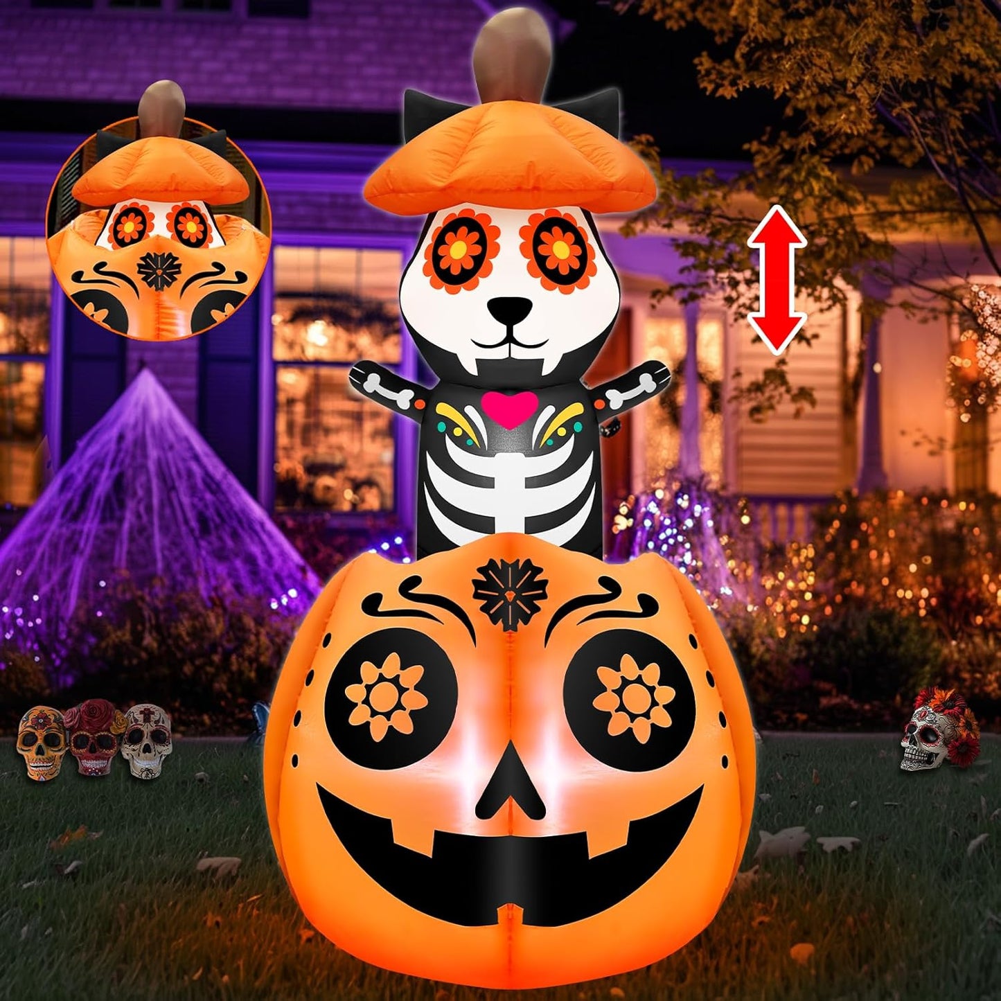 5 Ft Day of The Dead Inflatable Black Cat on Pumpkin Decoration
