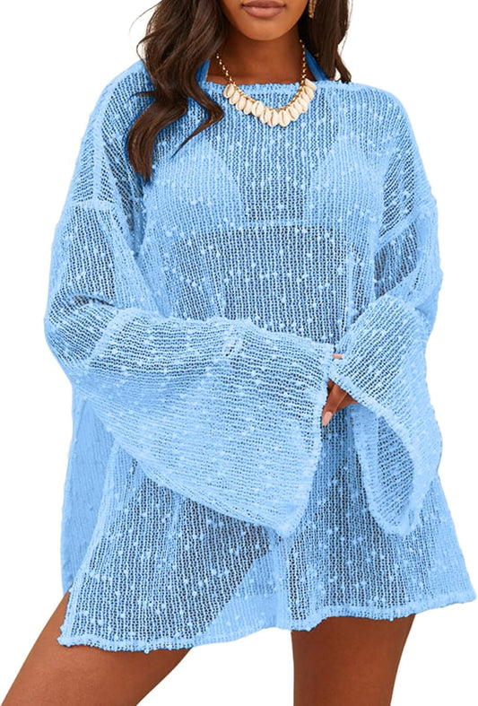 Lilosy Sexy Crochet Sheer Kaftan Beach Dress Coverup for Swim