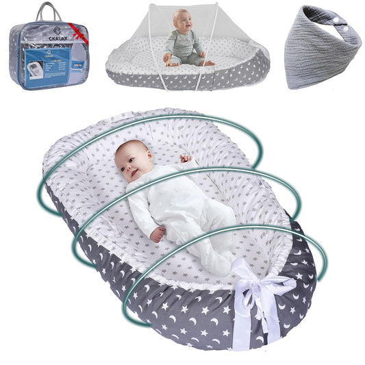 CKALAX Baby Lounger: Portable, 100% Cotton, Mosquito Net, Bib | Reversible Design