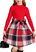 Arshiner Girls Long Sleeve Rib Knit Plaid Patchwork Belted Dress coats