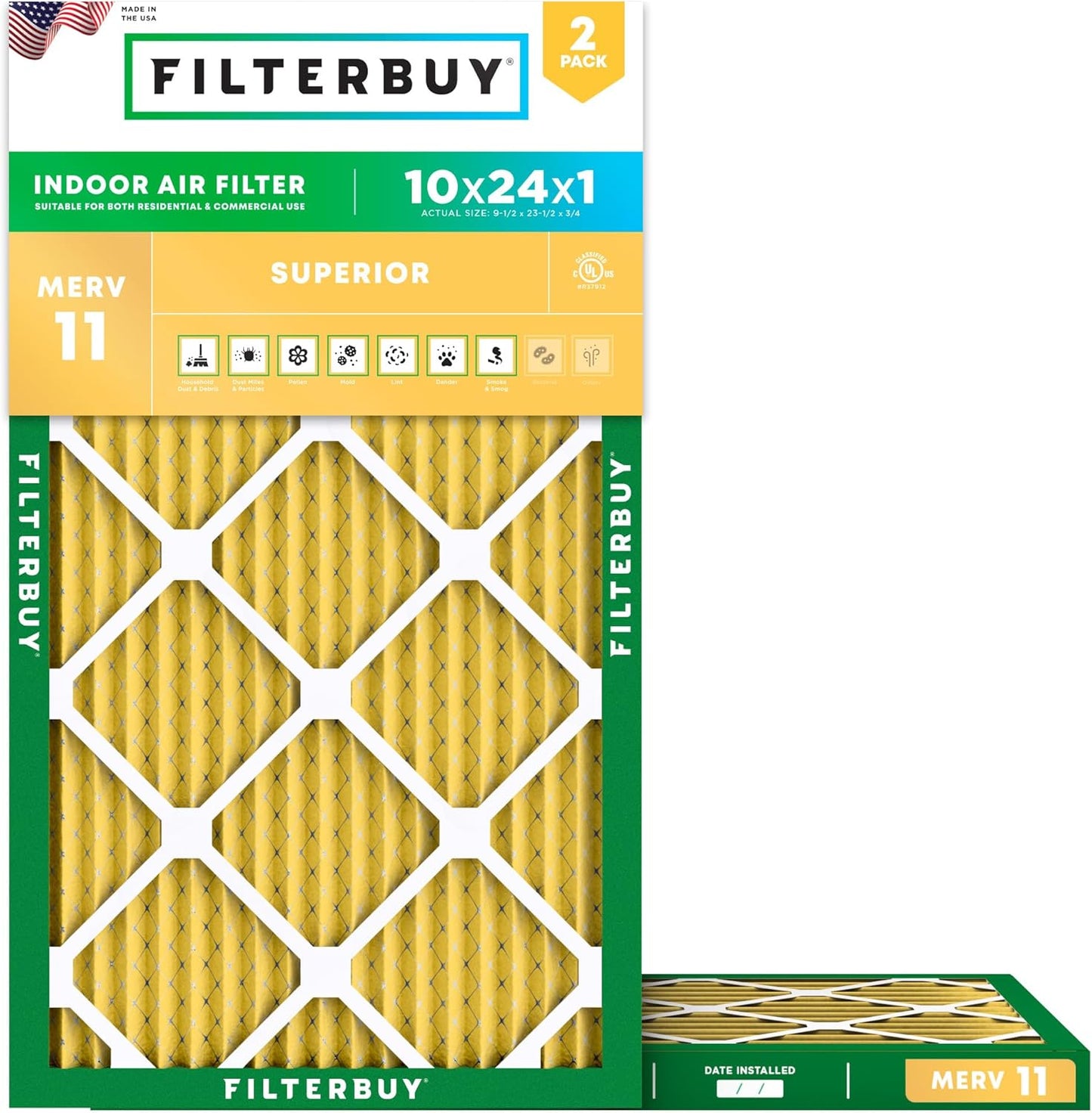 Filterbuy 10x24x1 Air Filter MERV 11 for Pet & Allergy Defense