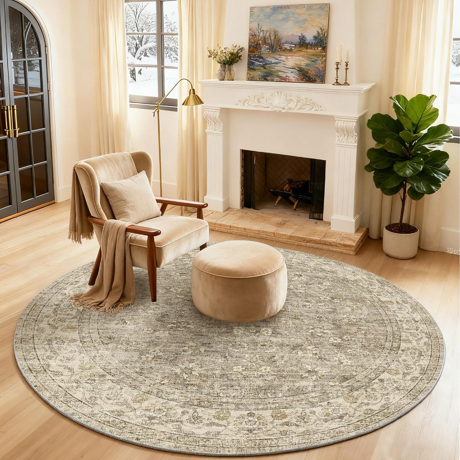4x4 Round Bedroom Rug Washable Non Slip Stain Resistant Design