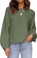 Womens Crew Neck Lantern Sleeve Ribbed Knit Pullover - Soft Fall Top