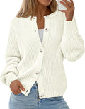 Womens Crewneck Oversized Cardigan Sweater - Rib Knit Lantern Sleeve