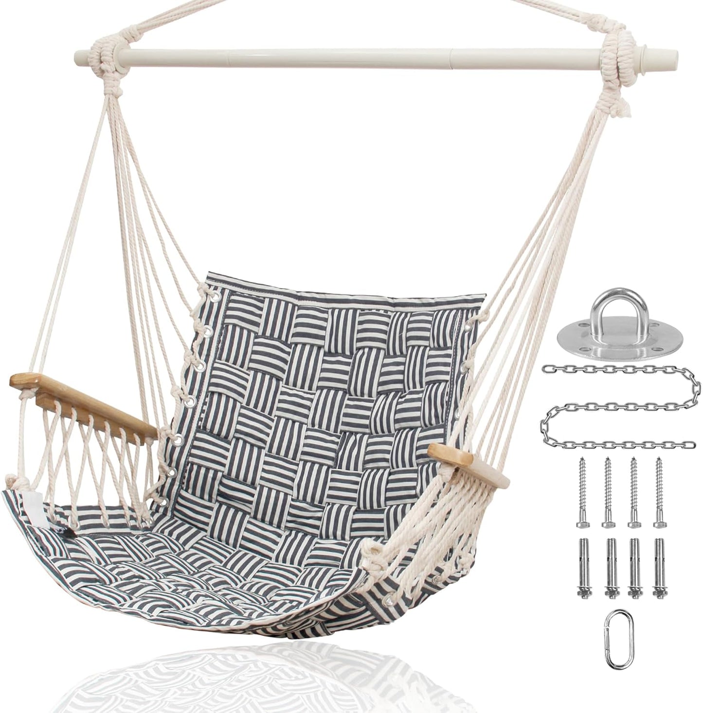 ROOITY Upgraded Hammock Chair Swing - Wooden Armrests, Anti-Slip Rings, 300 Lbs Capacity