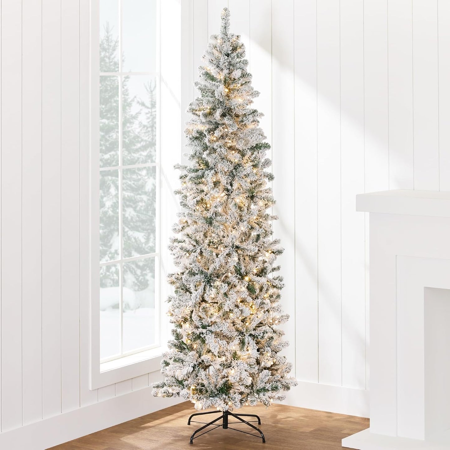 Flocked Pencil Christmas Tree with Warm White Lights, 6ft Slim