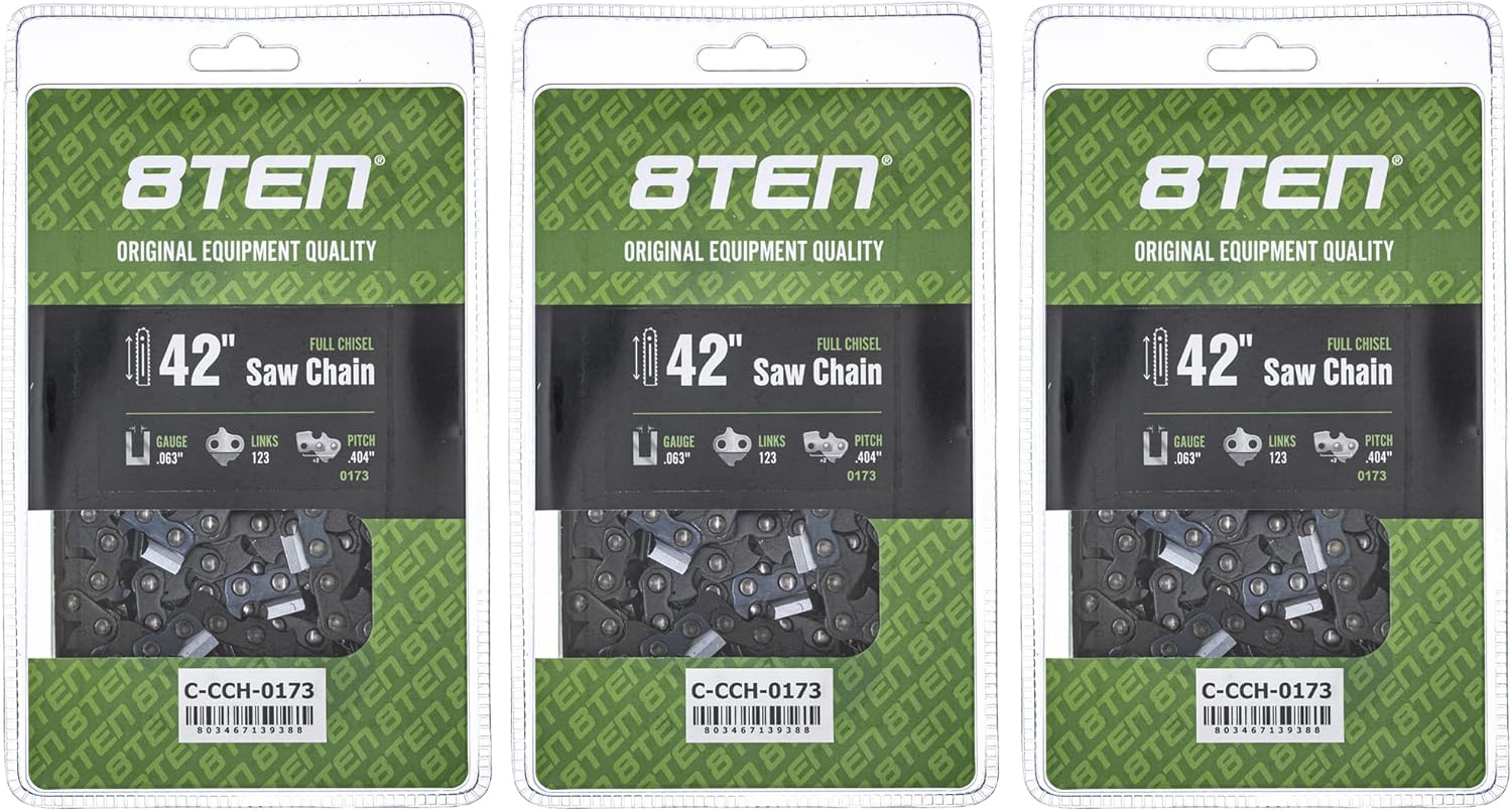 8TEN Full Chisel Chainsaw Chain 42 Inch .063 .404 123DL 3 Pack