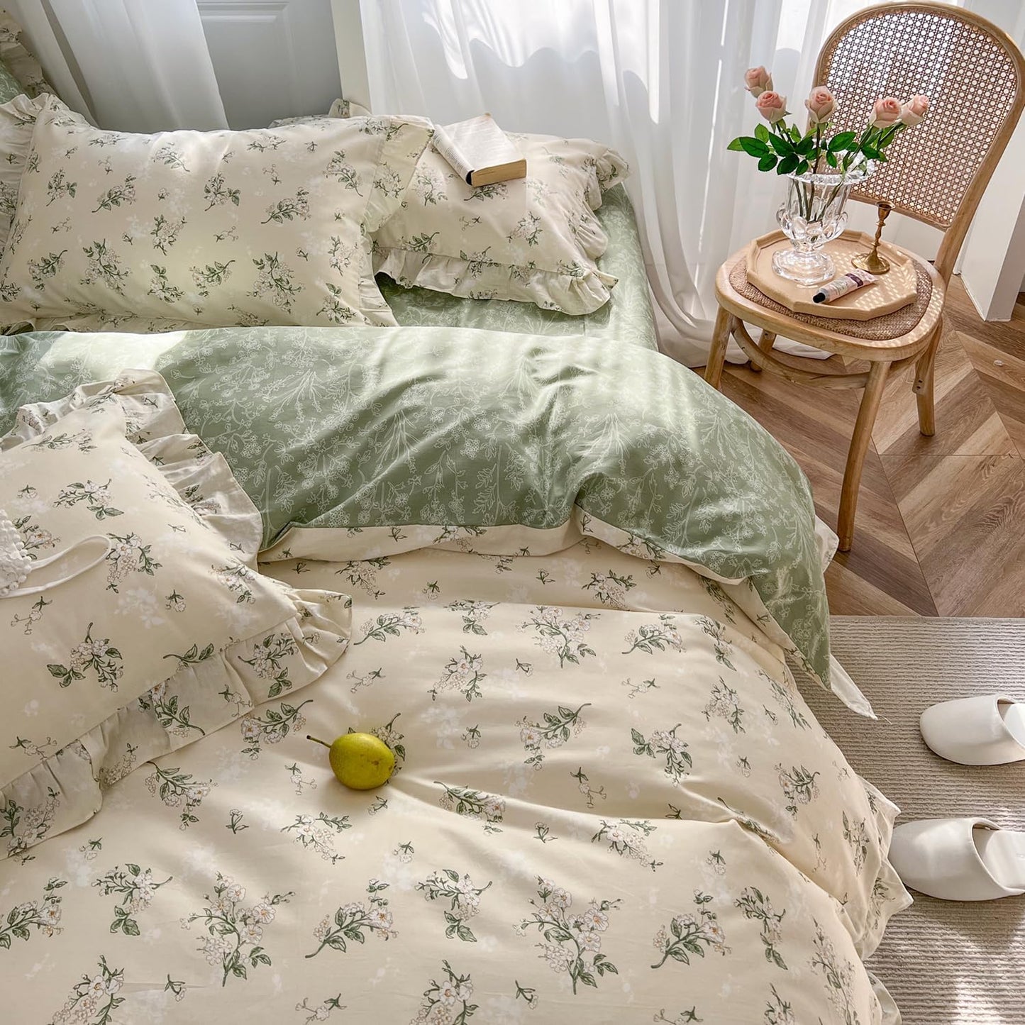 Reversible Green Floral Duvet Cover Set for Twin XL Bedding