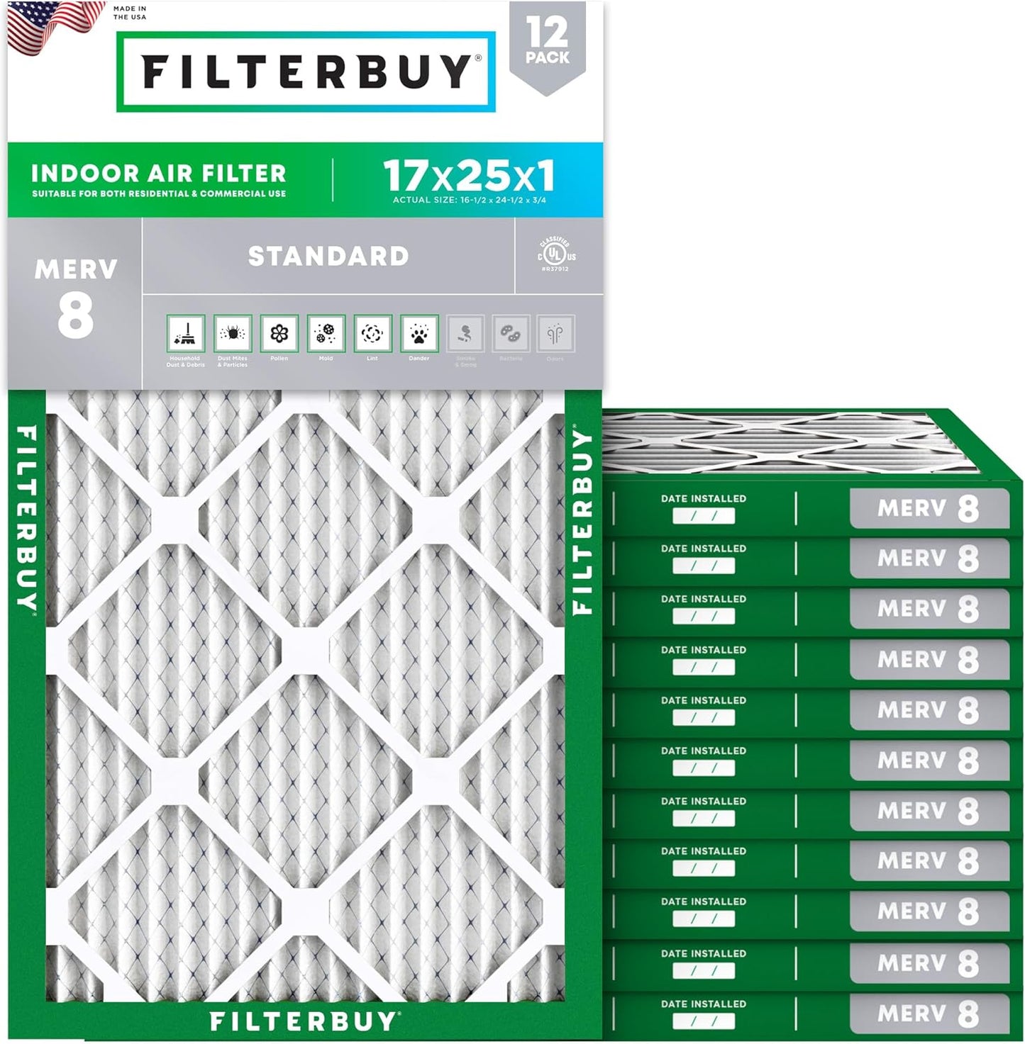 Filterbuy 17x25x1 Air Filter MERV 8 for Dust and Allergy Defense