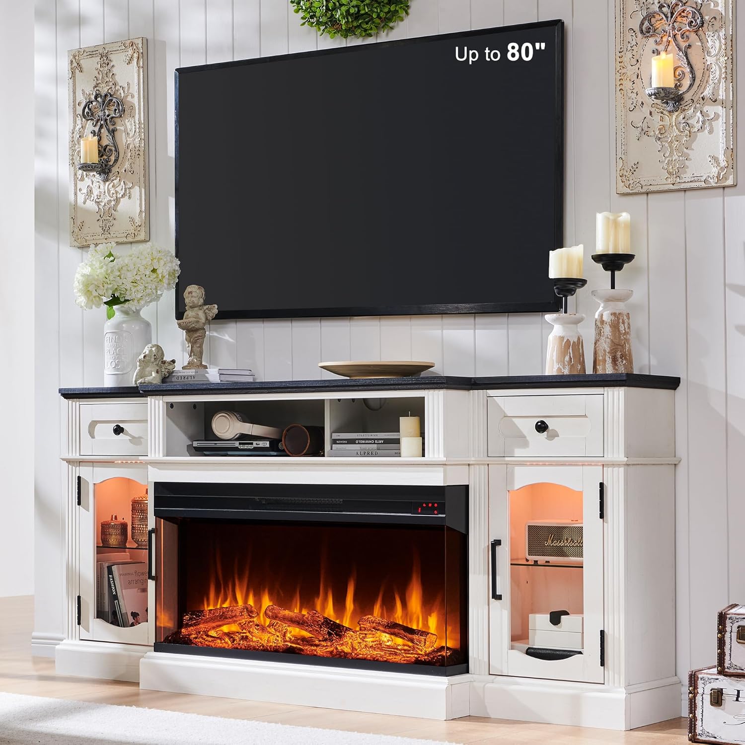 70 Antique White Electric Fireplace TV Stand