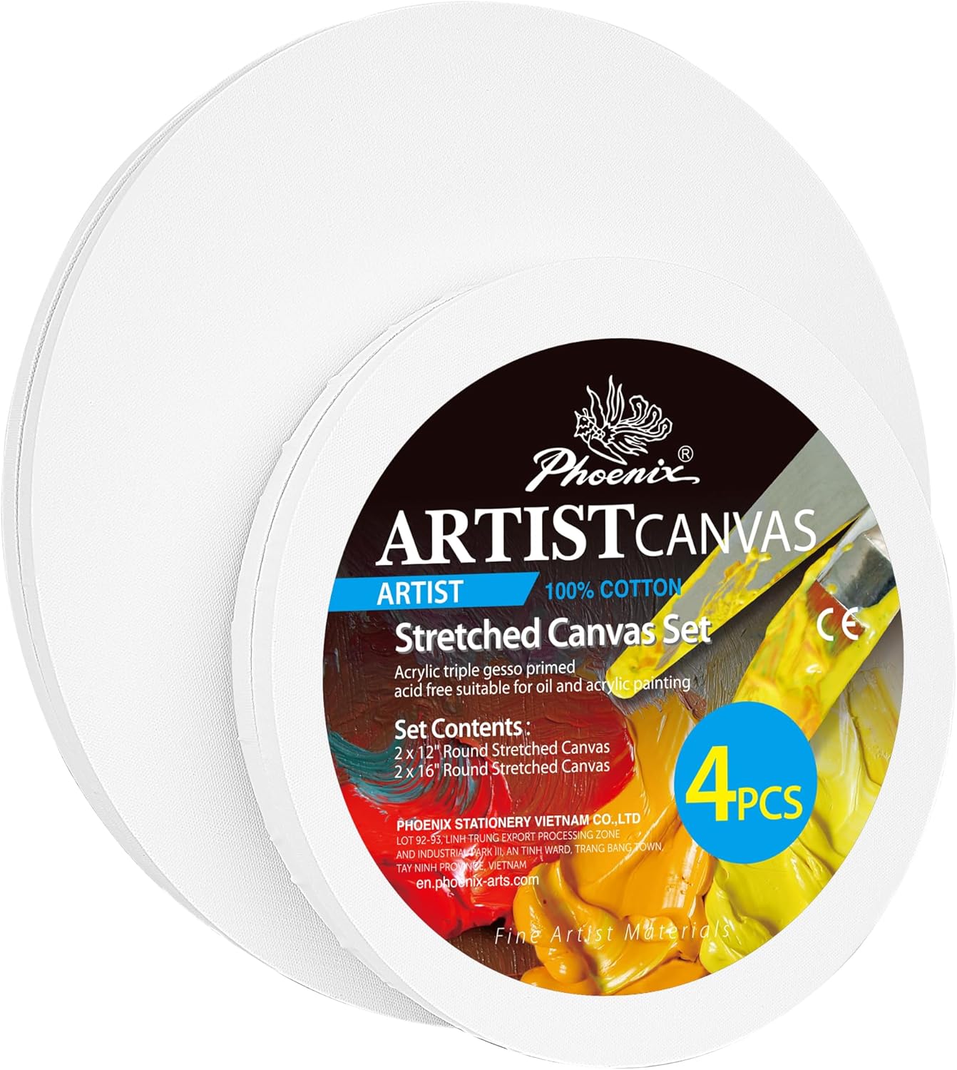 PHOENIX Round Stretched Canvas 4 Pack for Creative Artists