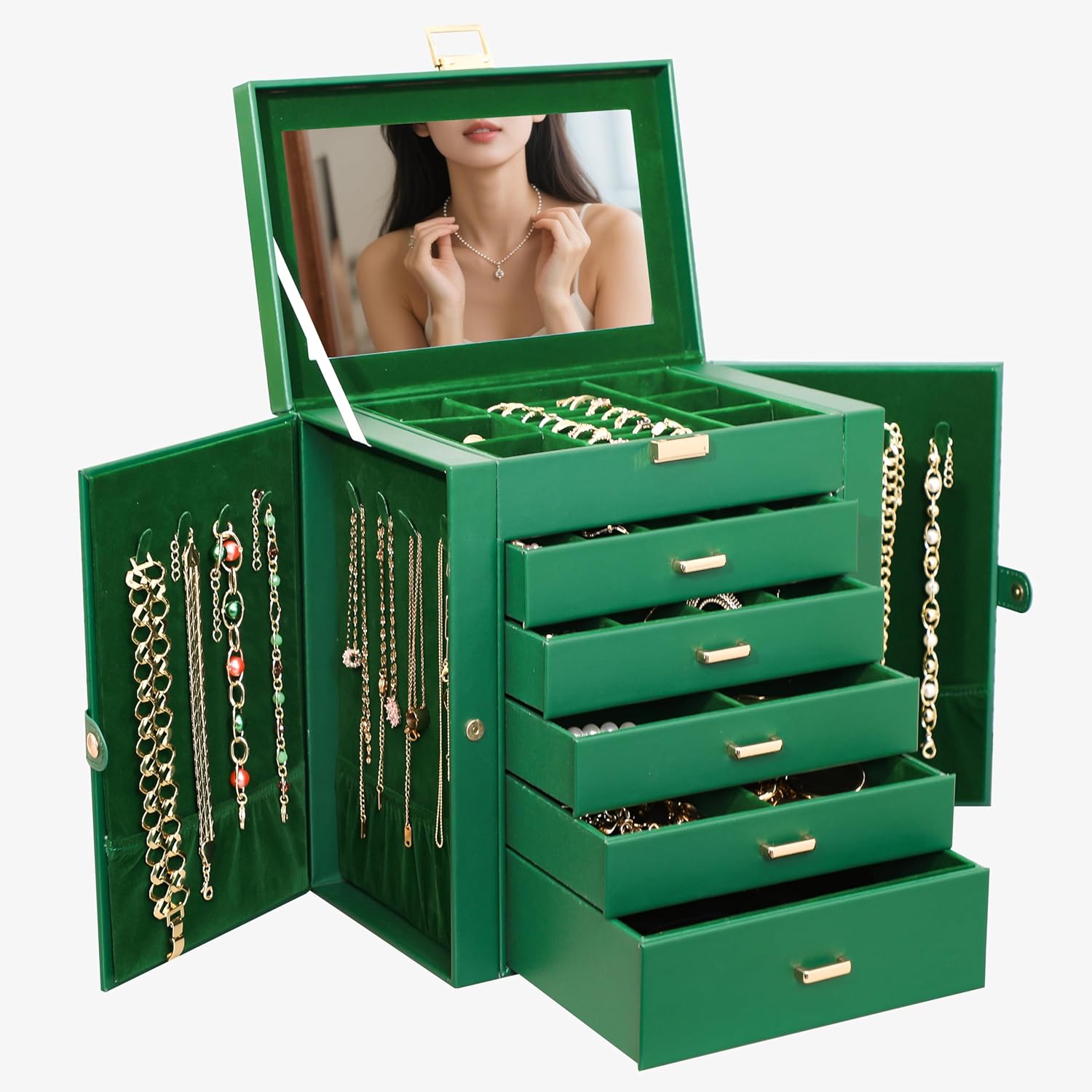 BOOVO Jewelry Box for Women - 6 Layer Organizer with Mirror