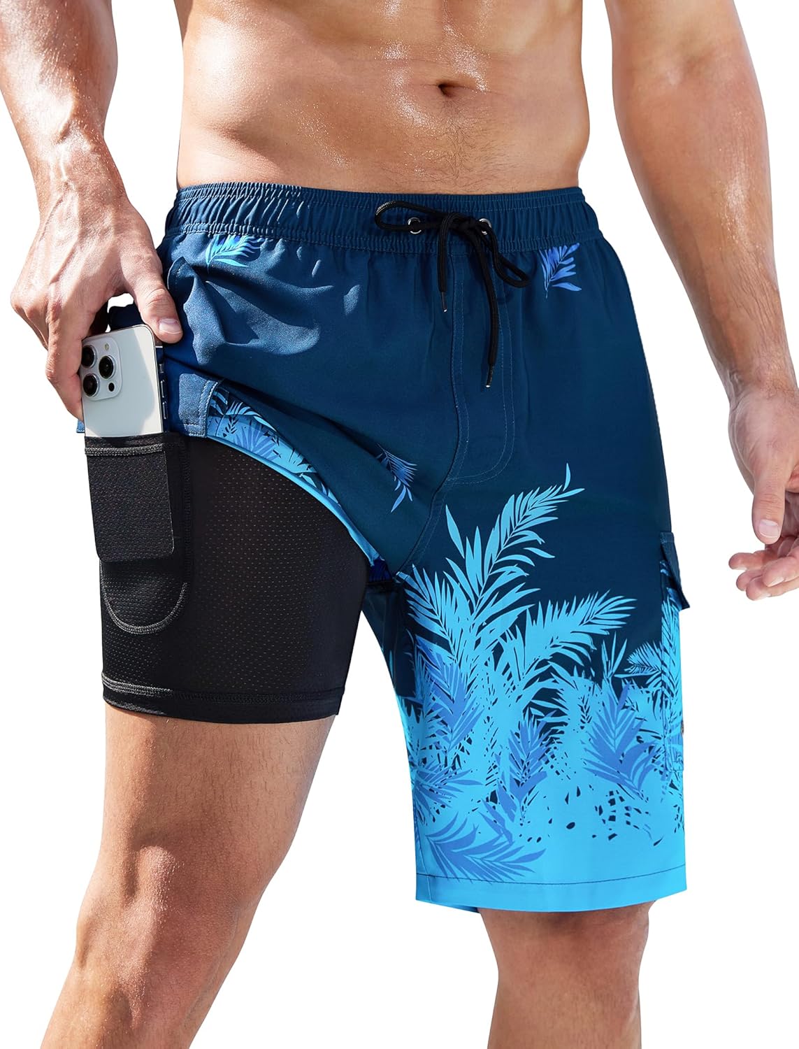 SILKWORLD Men's Swim Trunks with Compression Liner for Comfort