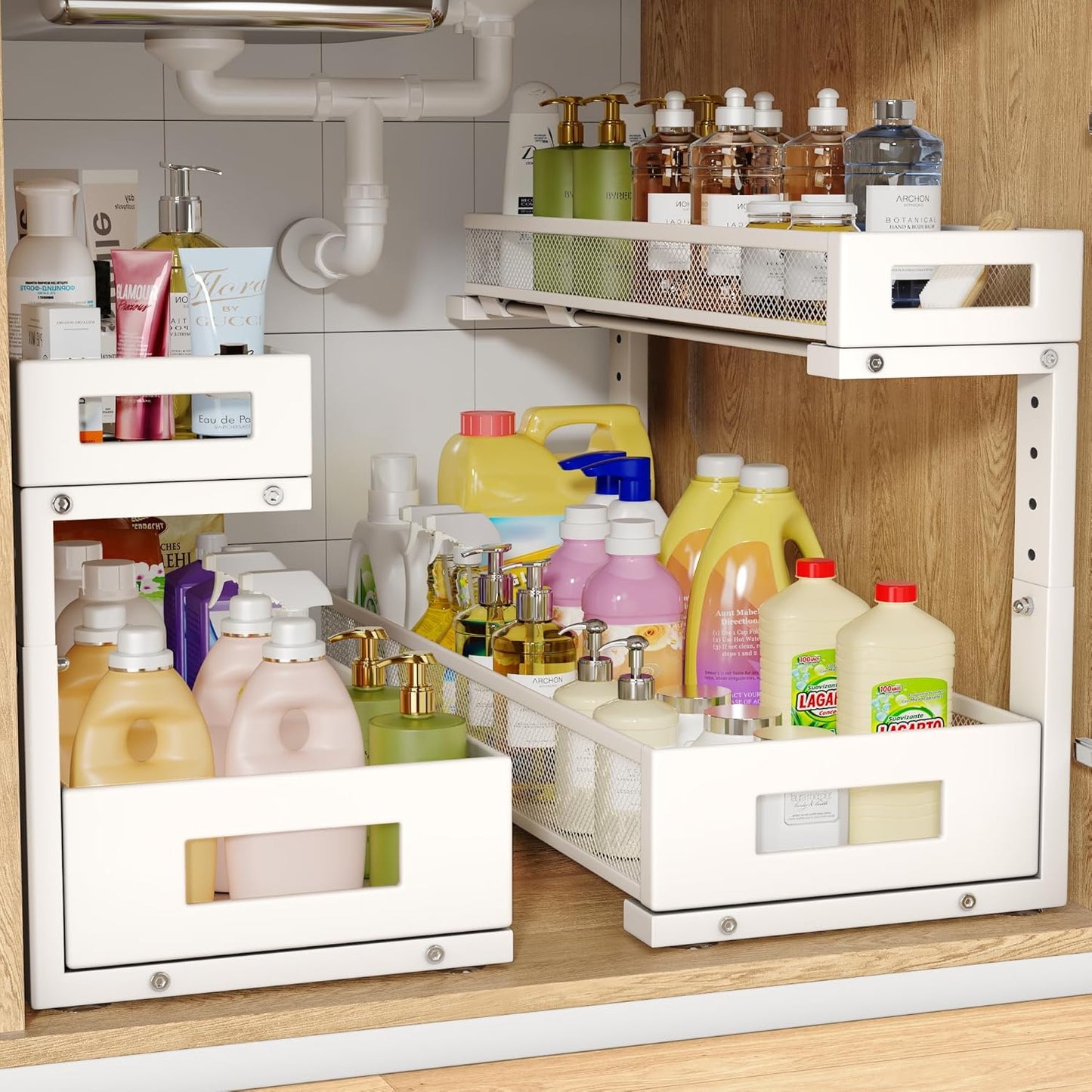 Under Sink Storage Organizer - 2 Pack Elegant Mesh Design