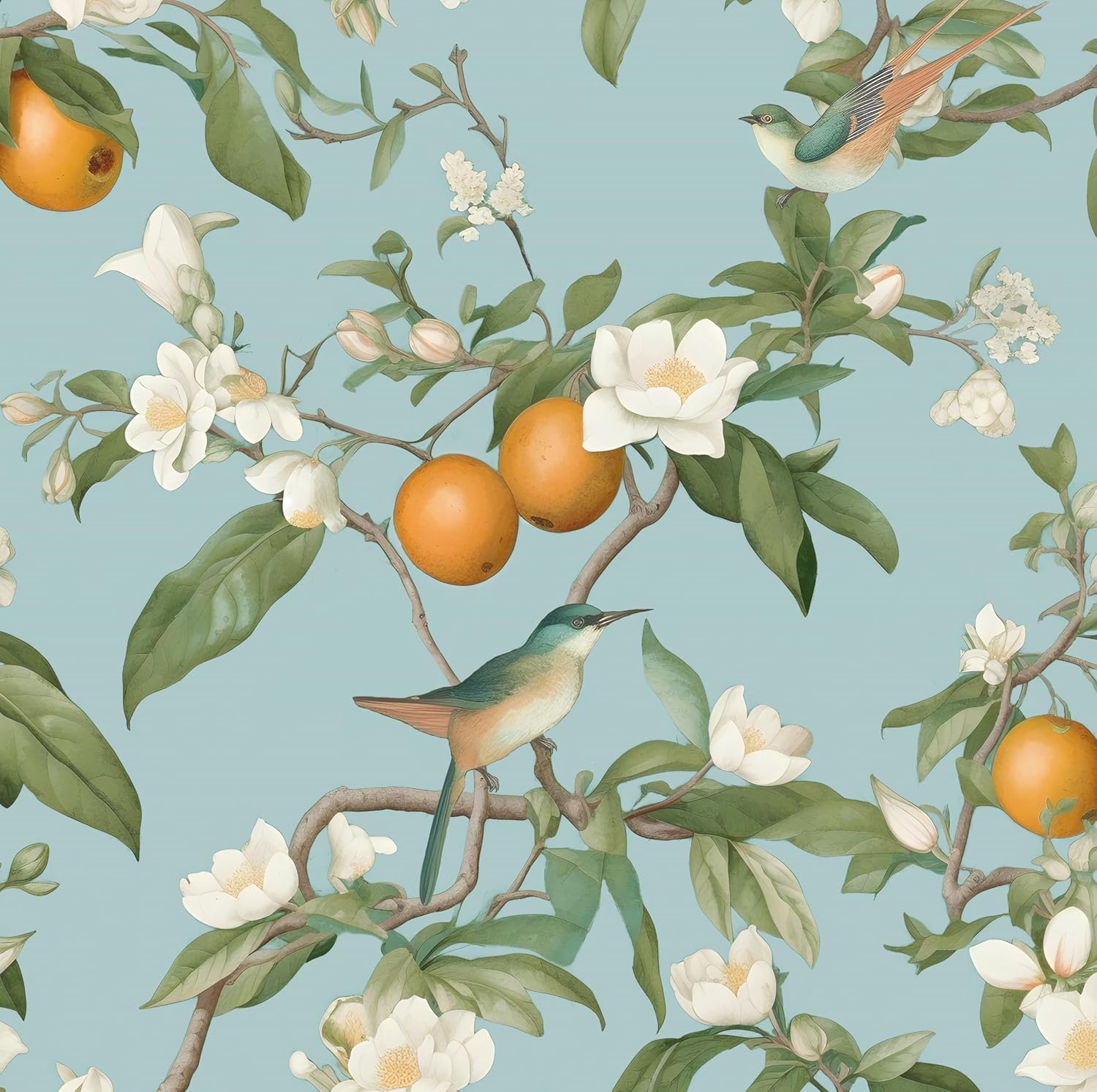Blue Bird Wallpaper Peel and Stick for Vintage Floral Decor