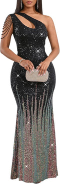 Cololura Sequin One Shoulder Tassel Mermaid Bodycon Dress - Elegant is