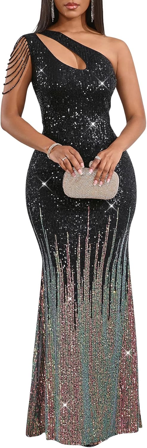 Cololura Women Sequin Elegant One Shoulder Mermaid Dress