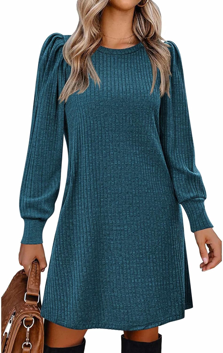 Stylish Women's Knit Dress with Puff Sleeves for Fall & Winter