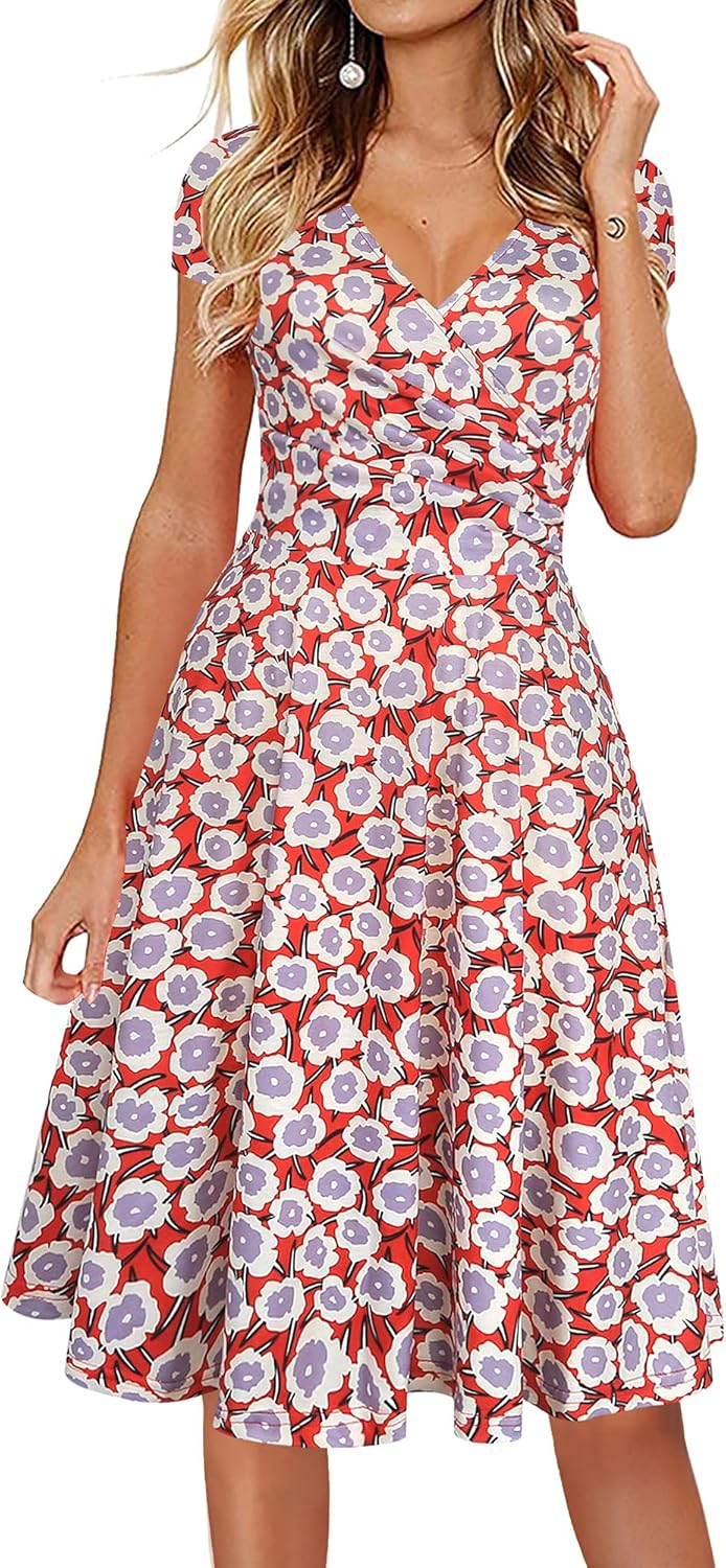 Oxiuly Women's Cap Sleeve Summer Casual Floral Vacation Dress