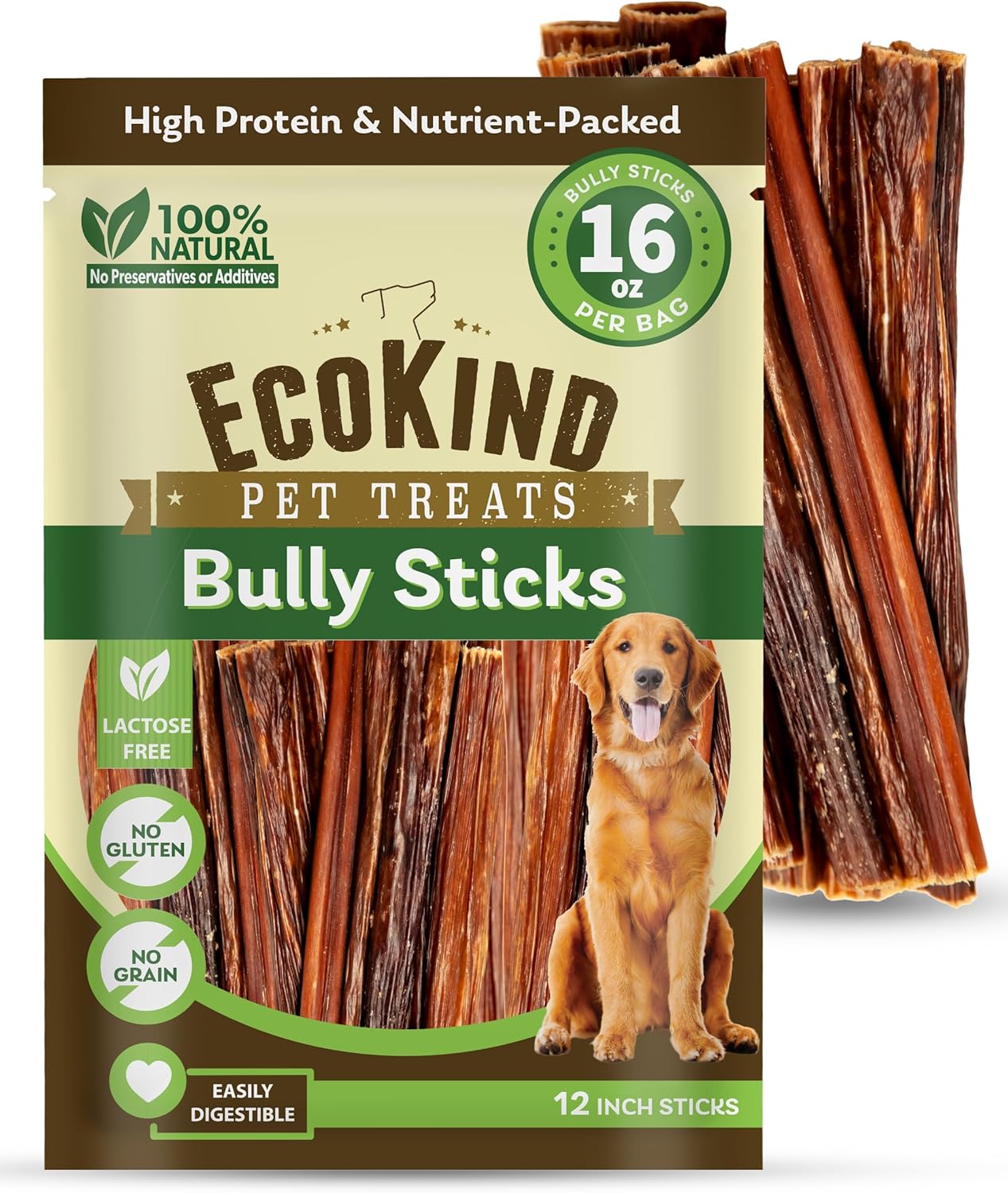 EcoKind Pet Treats 12 Inch Bully Sticks for Dogs - Healthy Chews