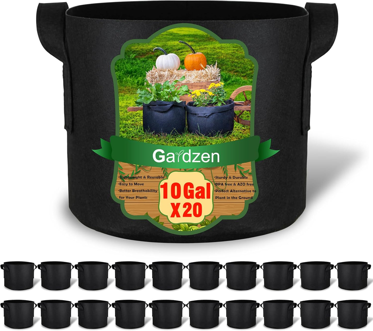 Gardzen 20-Pack 10 Gallon Grow Bags for Healthy Plant Growth
